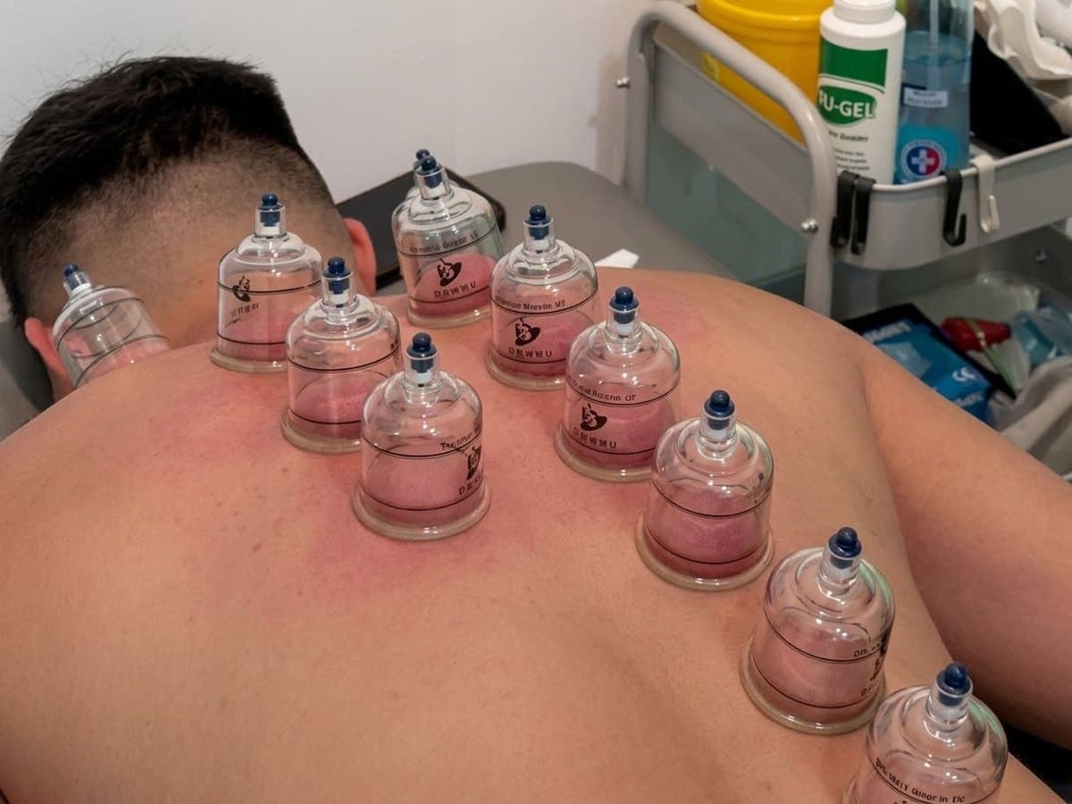 Suction cups being placed on a patient's back
